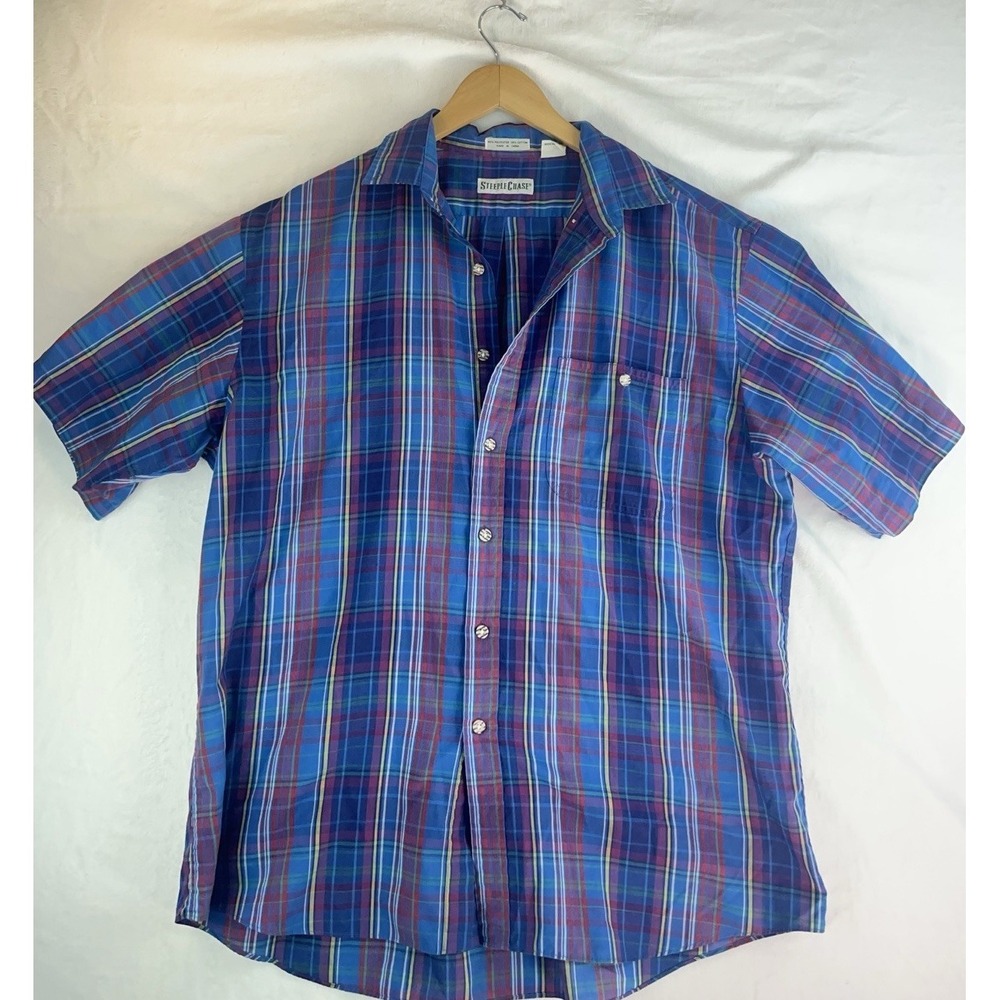 Steeplechase Mens XL Button Blue Shirt Short Sleeve Vintage Western Cowboy Plaid